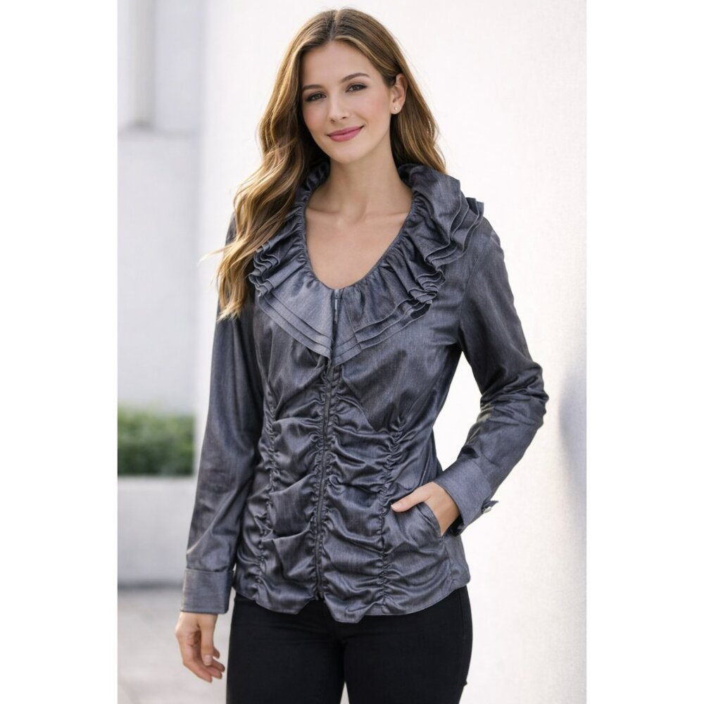 Samuel Dong Ruffled Long Sleeve Sparkling Metallic Runway Jacket L Grey